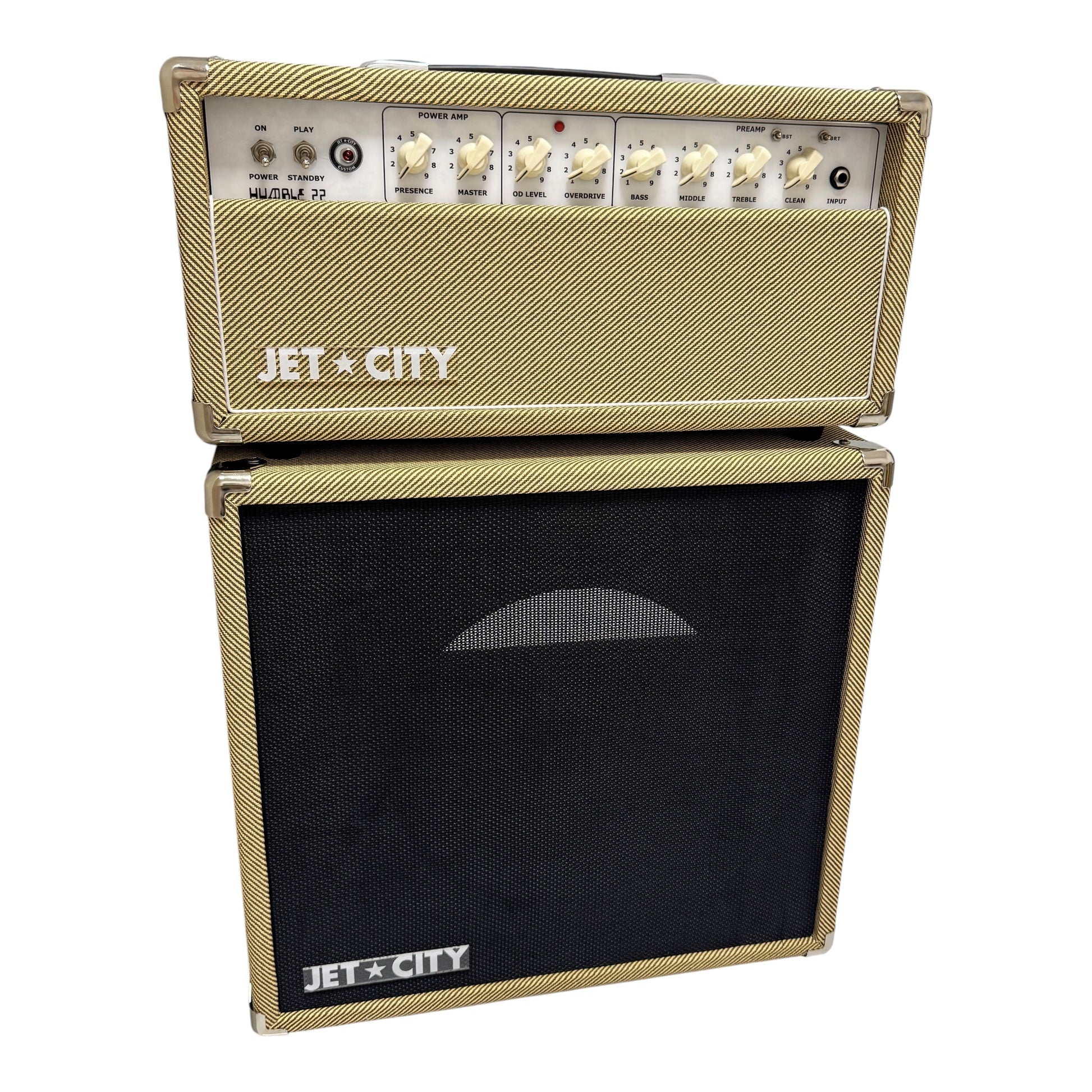 Jet City Humble 22 guitar amplifier in  tweed with matching black speaker cabinet, shown on a plain white background.