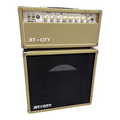 Jet City Humble 22 guitar amplifier in  tweed with matching black speaker cabinet, shown on a plain white background.
